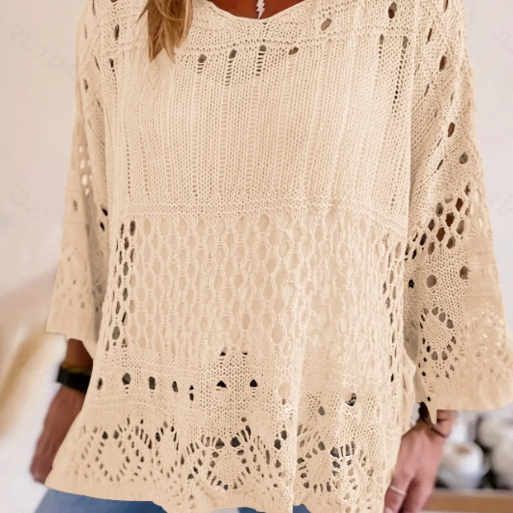 Plus Size Women's Summer Hollow Out Round Neck Knit Top, Oversized, Casual Elegant Vacation Style, Loose Oversize Batwing Shoulder, Spring Summer Wear, Sweater Knitwear