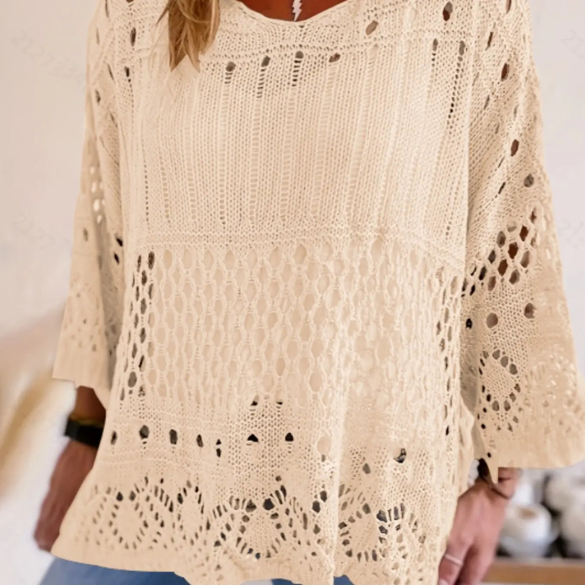 Plus Size Women's Summer Hollow Out Round Neck Knit Top, Oversized, Casual Elegant Vacation Style, Loose Oversize Batwing Shoulder, Spring Summer Wear, Sweater Knitwear