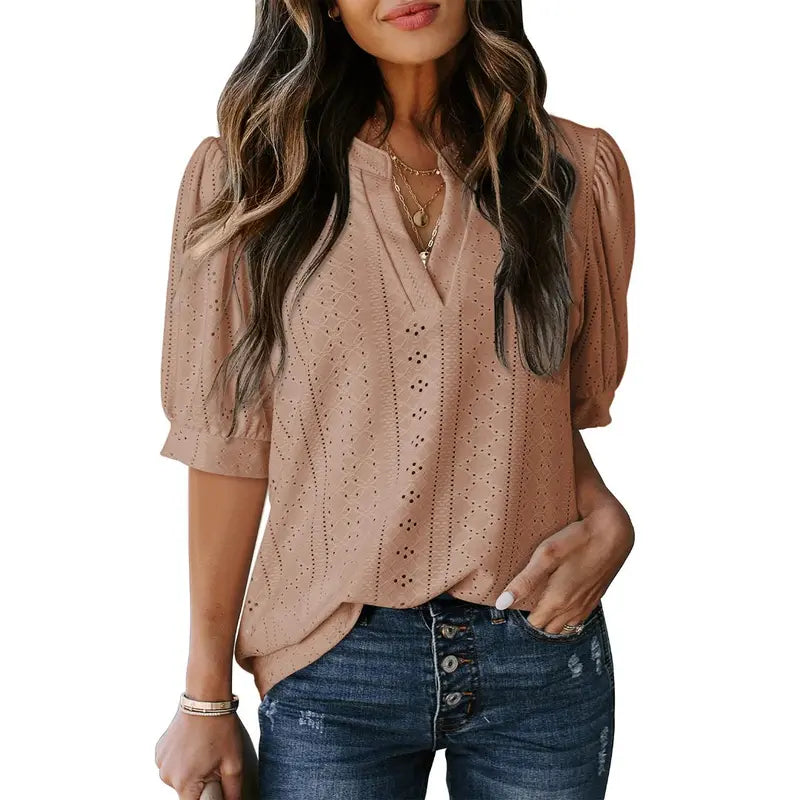 Dokotoo Women's Summer Business Casual Blouses V Neck Short Sleeve Shirts Hollow Out Cute Lace Tops Loose Fit Breathable Fabric