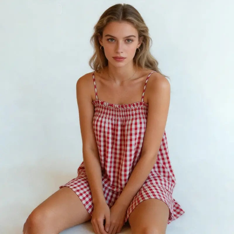 Women's 2 Piece Lounge Outfits Sleeveless Plaid Cami Tank Tops Wide Leg Shorts Sets