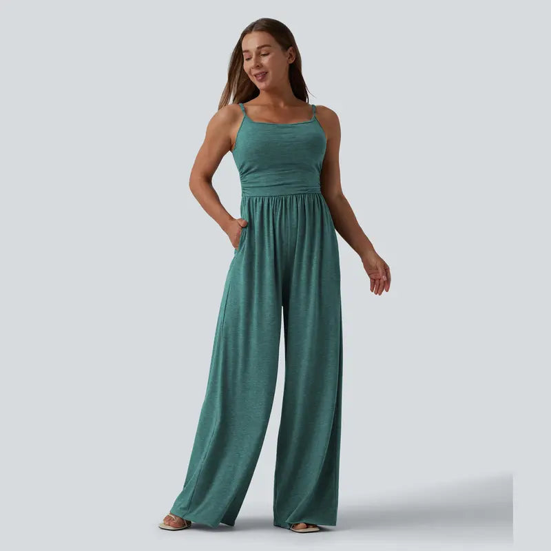 Halara Adjustable Straps Ruched Wide Leg Heathered Casual Jumpsuit with Pockets-Easy Peezy