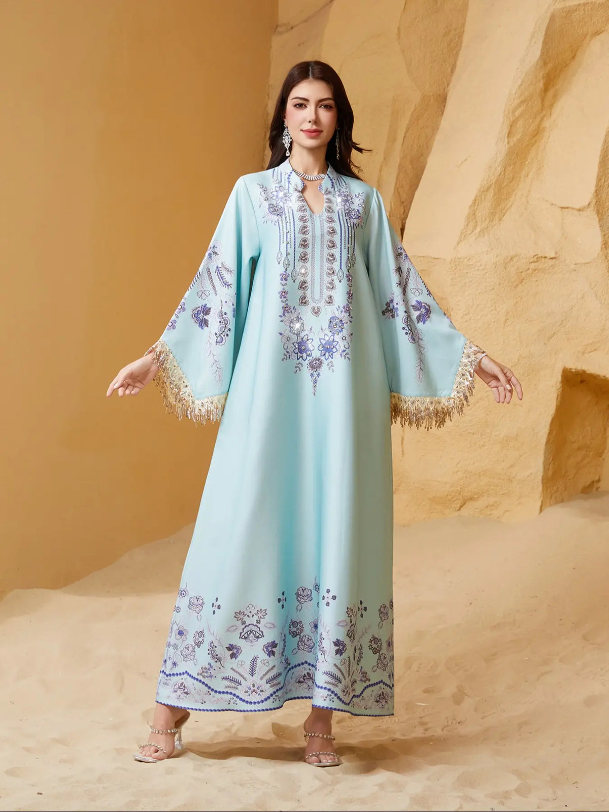 Women's Elegant Long Dress, Chic Elegant Formal, Loose Fit Ethnic Print, Long Sleeve, Lace-Up Design, All-Season Wear, Perfect for Evening Occasions & Special Events, Dresses for Party