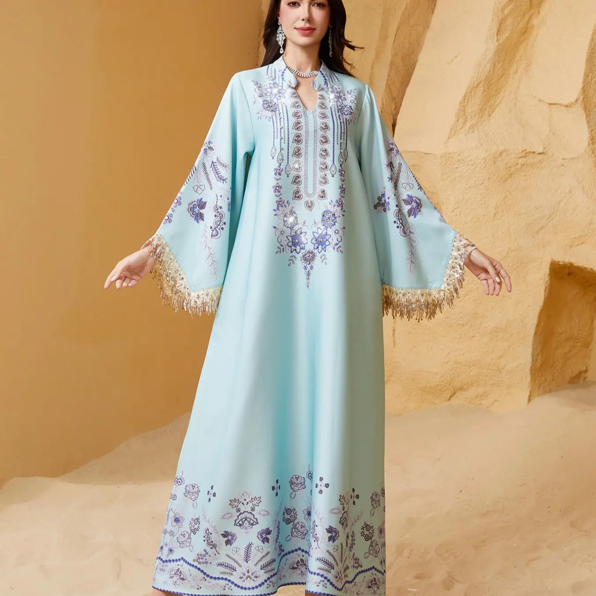 Women's Elegant Long Dress, Chic Elegant Formal, Loose Fit Ethnic Print, Long Sleeve, Lace-Up Design, All-Season Wear, Perfect for Evening Occasions & Special Events, Dresses for Party
