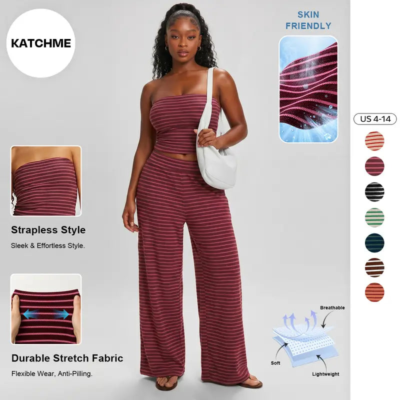 Katch Me Chic(US/CN)Women's Casual Color Matching Stripe Slim Tube Top & Low-Rise Wide Leg Trousers Co-ord, Lightweight Wrinkle-Resistant Spring & Summer Outfits, Skin-Friendly Two Piece Sets #TikTokMadeMeBuyIt #TwoPieceSet #SummerEssentials Cropped Soft