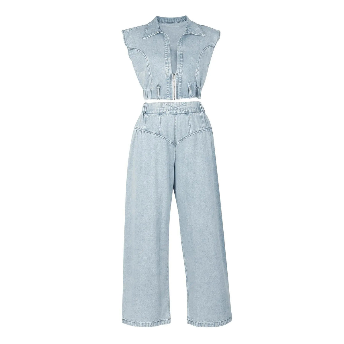 Women's Denim Crop Top & Wide Leg Trouser Two-piece Set, Casual Fashion Cozy Two Piece Outfits for Daily Outdoor Wear, Ladies Clothes for Summer, Womenswear