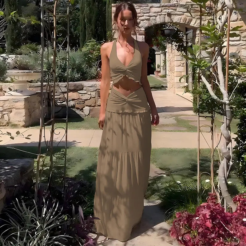 Backless Crop Top & Ruched Skirt Two Pieces Set Women's 2026 Summer & Fall New Clothes Sleeveless Halter Neck Top & Skirt Ladies Holiday Vacation Beach Lightweight Outfits Solid Color Skirt Suit