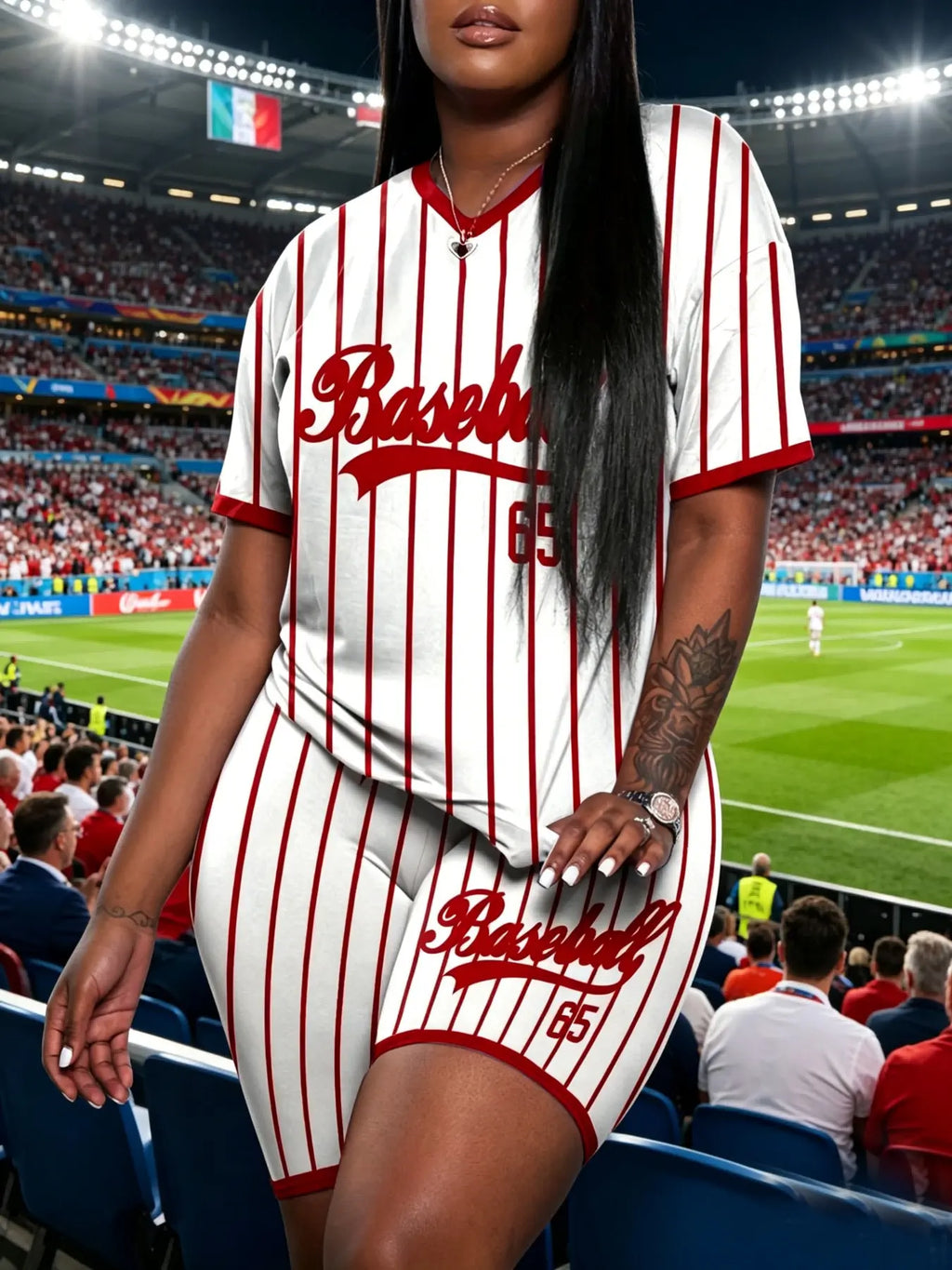 Women's Casual Stripe Print V Neck Two-Piece Set, Baseball Style Fitted Regular Length Tops & Shorts Set, Medium-Weight Fabric, Stretchy Summer Outfit