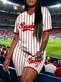 Women's Casual Stripe Print V Neck Two-Piece Set, Baseball Style Fitted Regular Length Tops & Shorts Set, Medium-Weight Fabric, Stretchy Summer Outfit