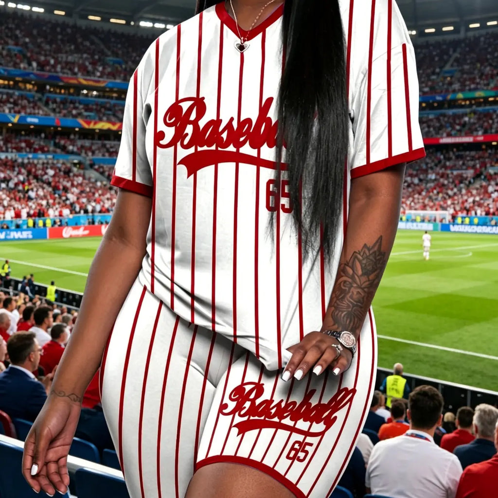Women's Casual Stripe Print V Neck Two-Piece Set, Baseball Style Fitted Regular Length Tops & Shorts Set, Medium-Weight Fabric, Stretchy Summer Outfit