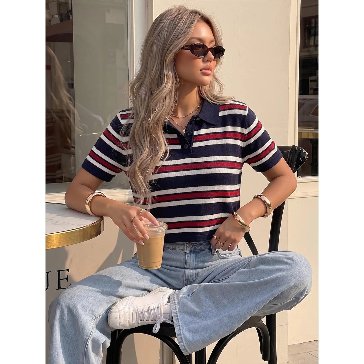Elegant Women's Spring Summer Fashion Casual Home Office Commute Basic Simple Fitted Knit Striped Collar Button Half Open Short Sleeve Pullover Tops Collared Top