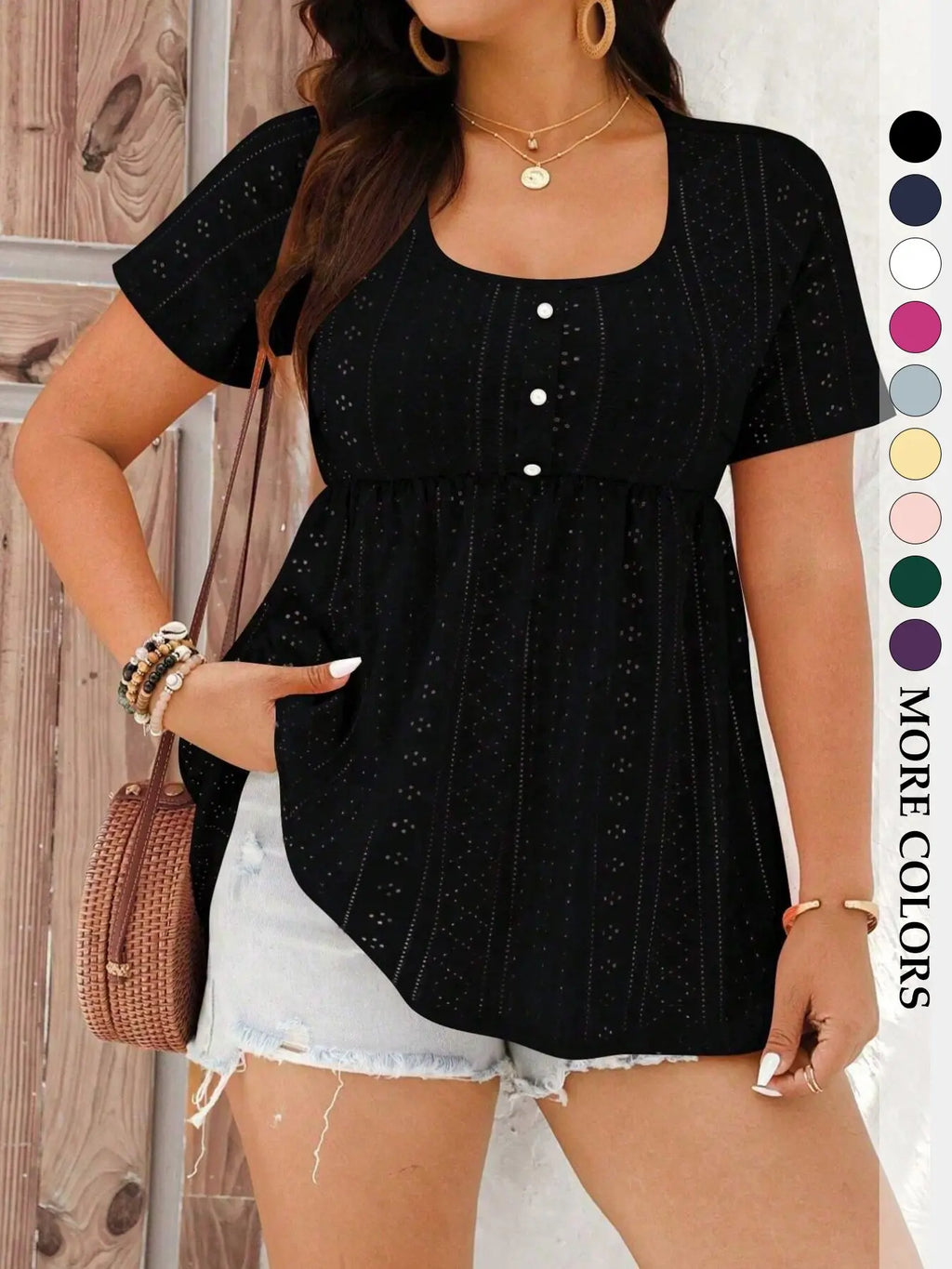 Women's Plus Size Babydoll Eyelet Peplum Top, Shirts, Boho Clothing, Short Sleeve Scoop Neck Pearl Button Casual Chic Bohemian Blouse, Flowy Tummy Control Fit Boho Summer Style