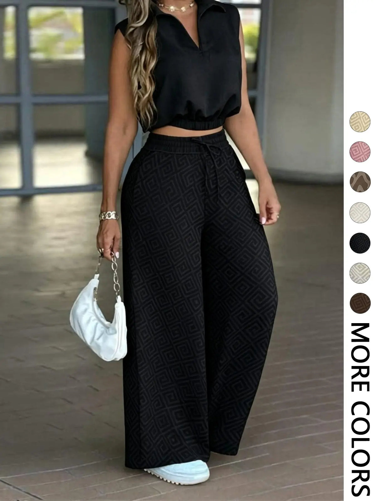 2-Piece Women's Casual Commuter Clothes Set, Two Pieces Outfits, Sleeveless Collared Waist-Defined Top with High-Waisted Adjustable Drawstring Wide-Leg Pants