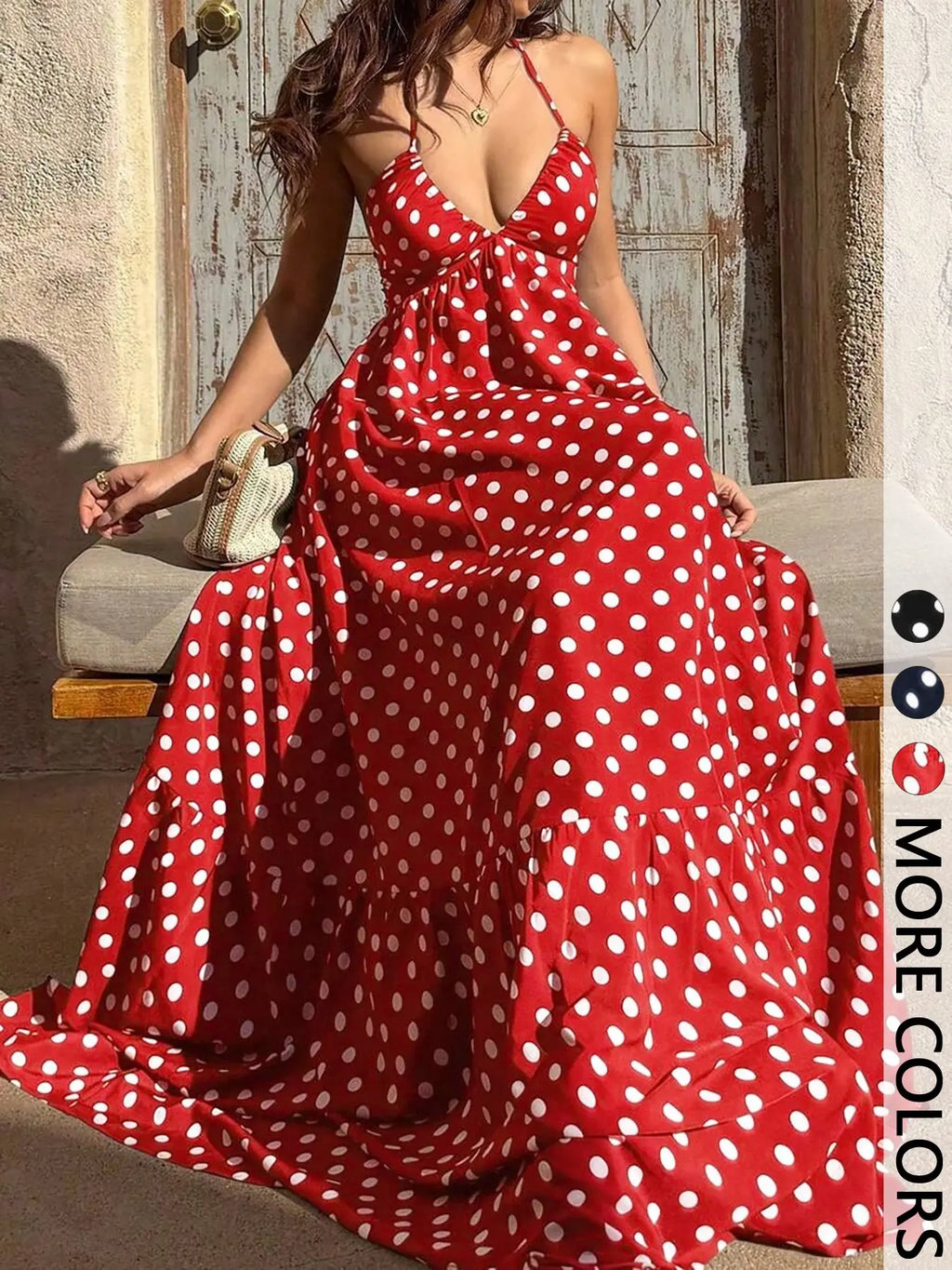 Polka Dot Halter Maxi Dress with Deep V-Neck, Open Back Tie Closure and Tiered Hem, Empire Waist Flowy Elegant Classy Flattering Long Dress for Summer, Vacation and Evening Wear