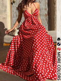 Polka Dot Halter Maxi Dress with Deep V-Neck, Open Back Tie Closure and Tiered Hem, Empire Waist Flowy Elegant Classy Flattering Long Dress for Summer, Vacation and Evening Wear