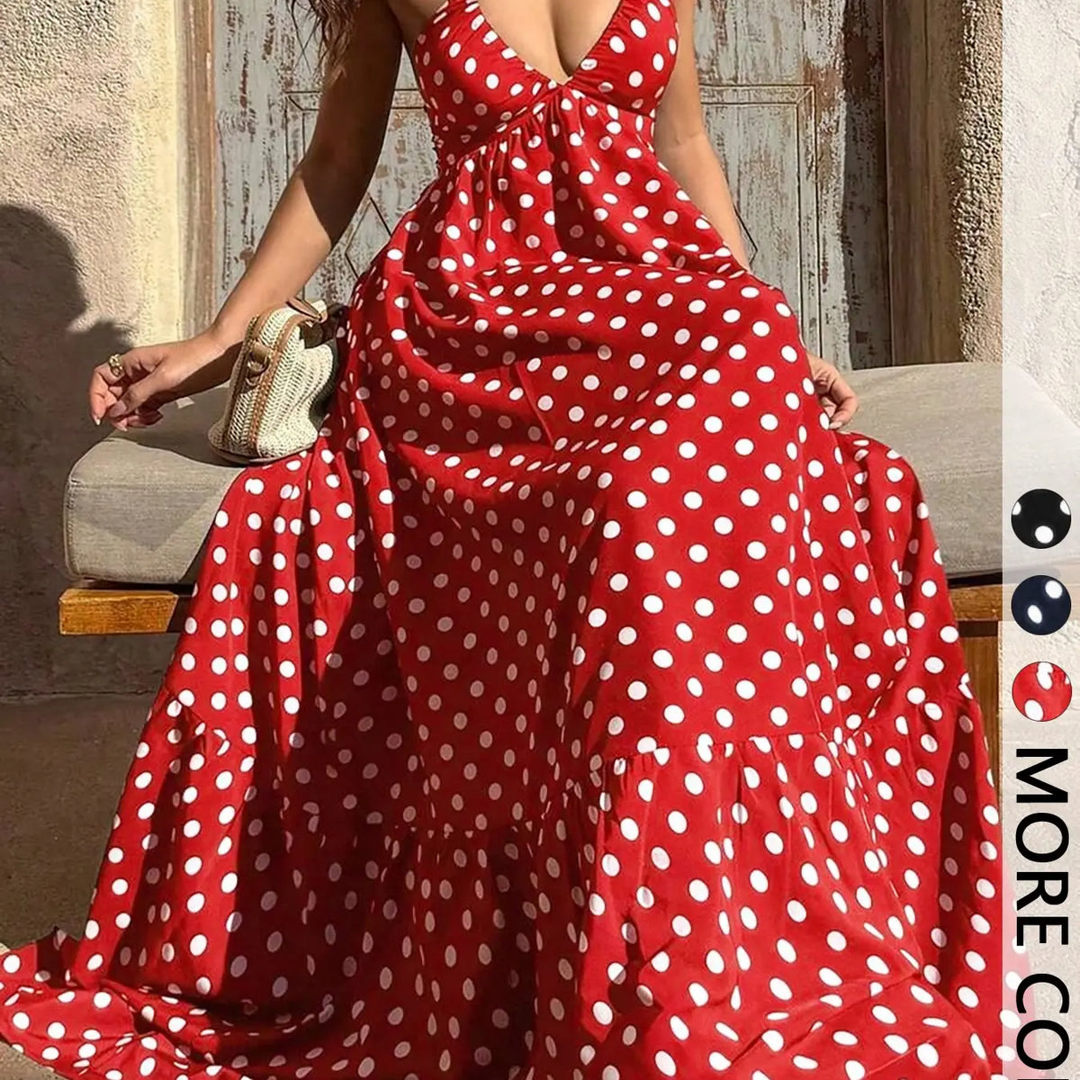 Polka Dot Halter Maxi Dress with Deep V-Neck, Open Back Tie Closure and Tiered Hem, Empire Waist Flowy Elegant Classy Flattering Long Dress for Summer, Vacation and Evening Wear