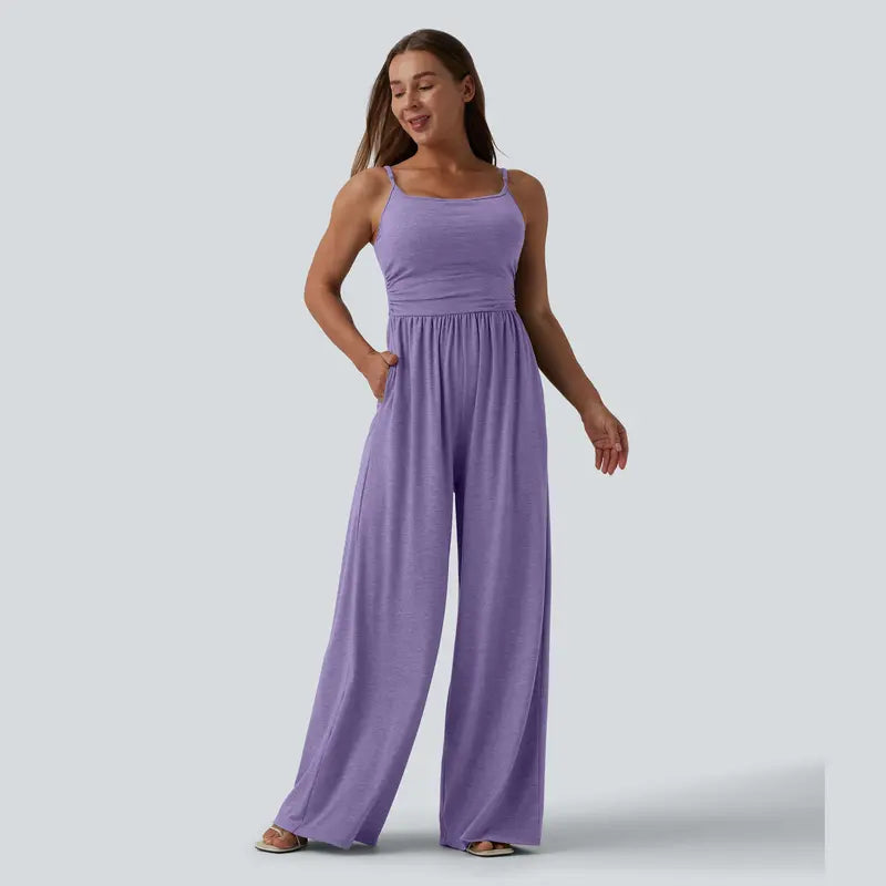 Halara Adjustable Straps Ruched Wide Leg Heathered Casual Jumpsuit with Pockets-Easy Peezy