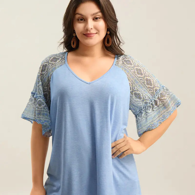 BloomChic Boho Print Patchwork Raglan Sleeve T-shirt 【M-6XL】