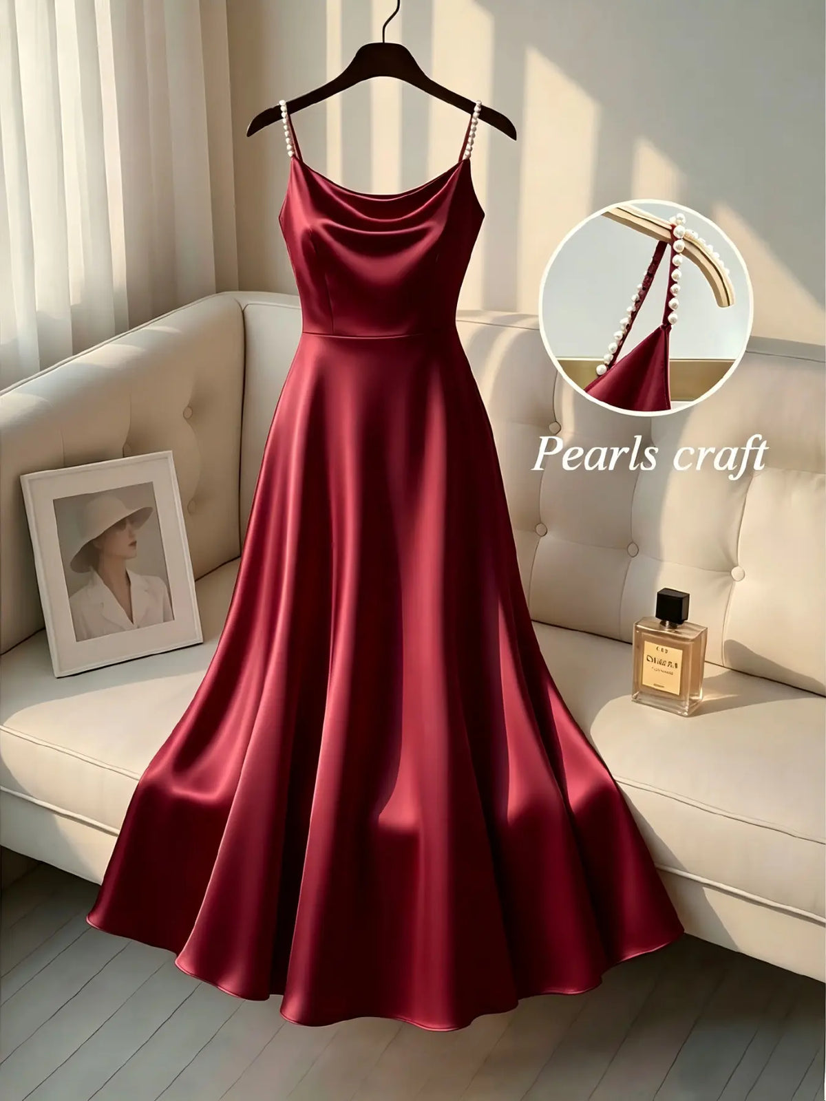 Elegant Satin Dress for Women, Handmade Beaded Strapless Formal Evening Gown, Waist Cinched Design, Pure Color Luxury Fashion