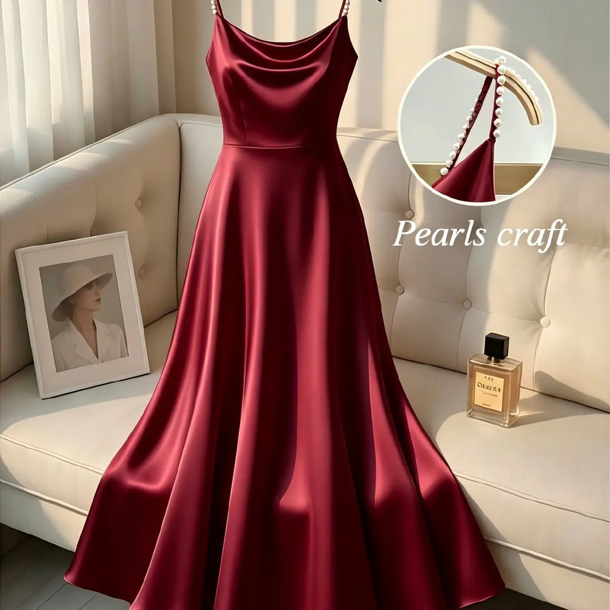 Elegant Satin Dress for Women, Handmade Beaded Strapless Formal Evening Gown, Waist Cinched Design, Pure Color Luxury Fashion