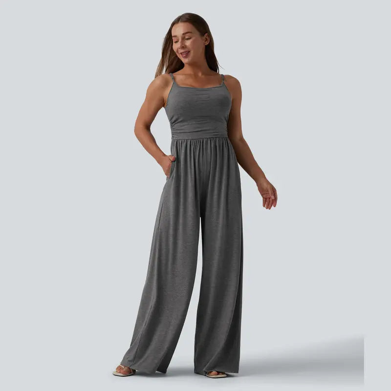 Halara Adjustable Straps Ruched Wide Leg Heathered Casual Jumpsuit with Pockets-Easy Peezy