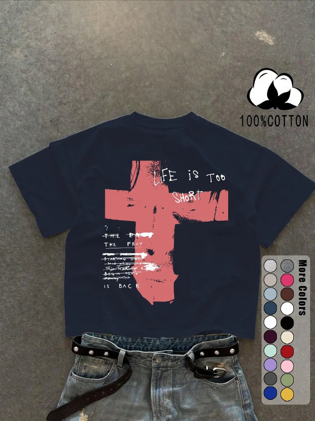 Unisex 100% Cotton Short Sleeve T-Shirt, Cross Graffiti Print, Y2K Dark Gothic Street Style, Streetwear, Casual Daily Wear, Loose-Fitting, Long Length, Aesthetic, Relaxed Fit