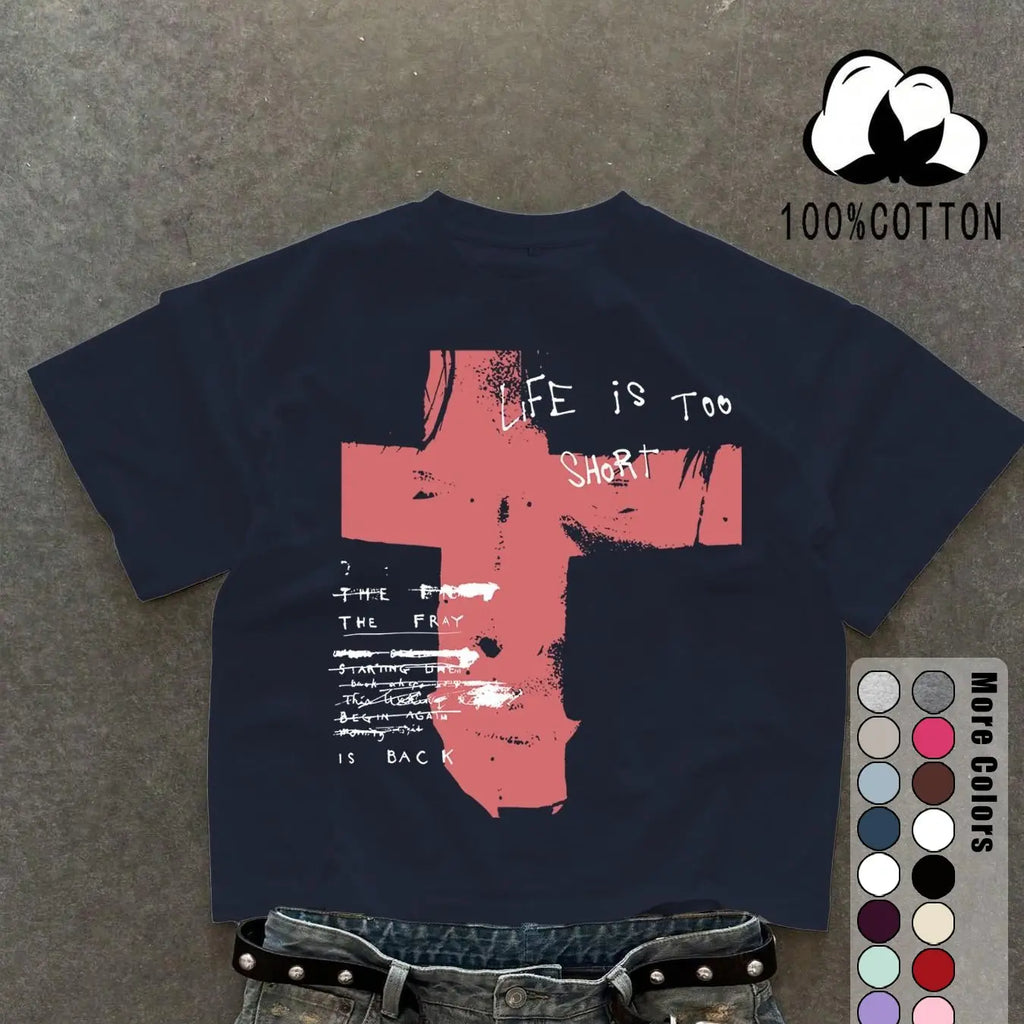 Unisex 100% Cotton Short Sleeve T-Shirt, Cross Graffiti Print, Y2K Dark Gothic Street Style, Streetwear, Casual Daily Wear, Loose-Fitting, Long Length, Aesthetic, Relaxed Fit