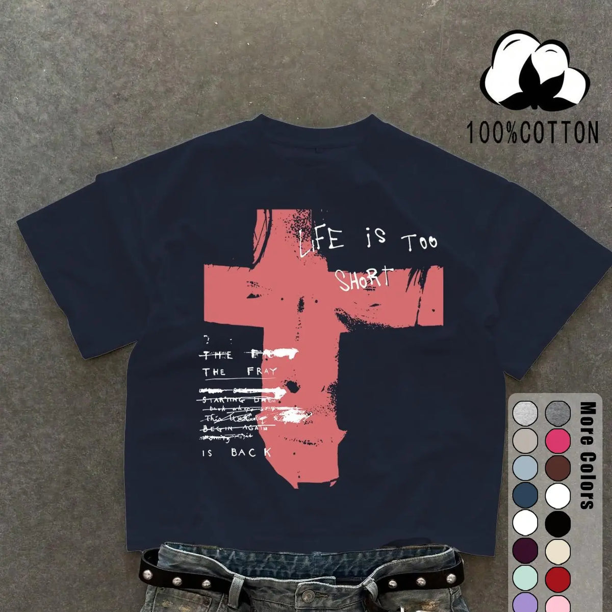 Unisex 100% Cotton Short Sleeve T-Shirt, Cross Graffiti Print, Y2K Dark Gothic Street Style, Streetwear, Casual Daily Wear, Loose-Fitting, Long Length, Aesthetic, Relaxed Fit