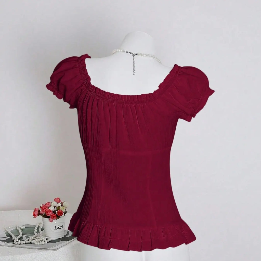 Women's Square Neck Puff Sleeve Button Front Blouse, Ruched Detail Ruffle Hem Slim Fit, Elegant Casual Daily Work Wear