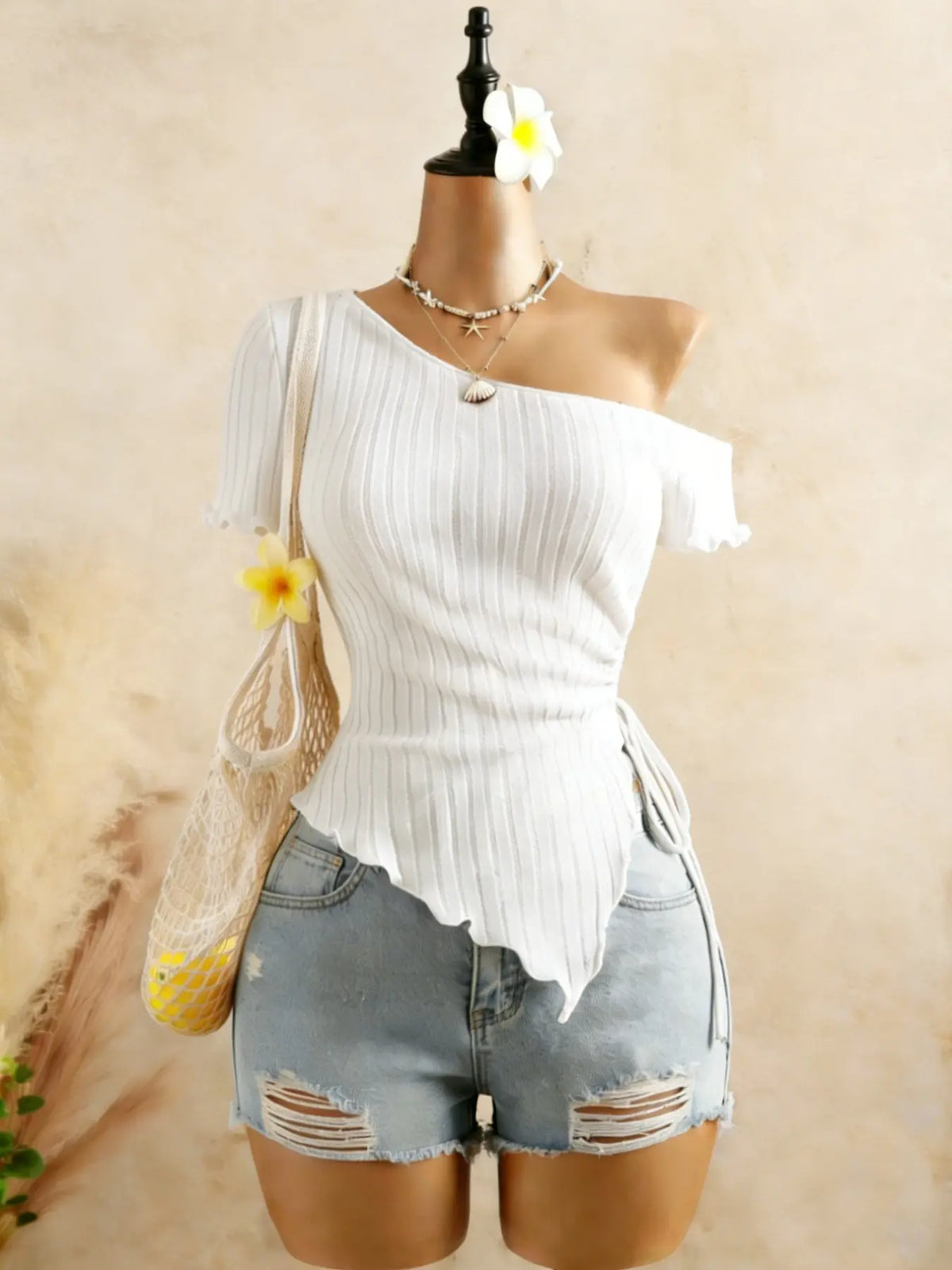 Fashion Asymmetrical Shoulder Top for Women, Womenswear Knitted Ribbed Hem Short Sleeve T-Shirt with Adjustable Side Tie, Stylish Casual Wear, Lady