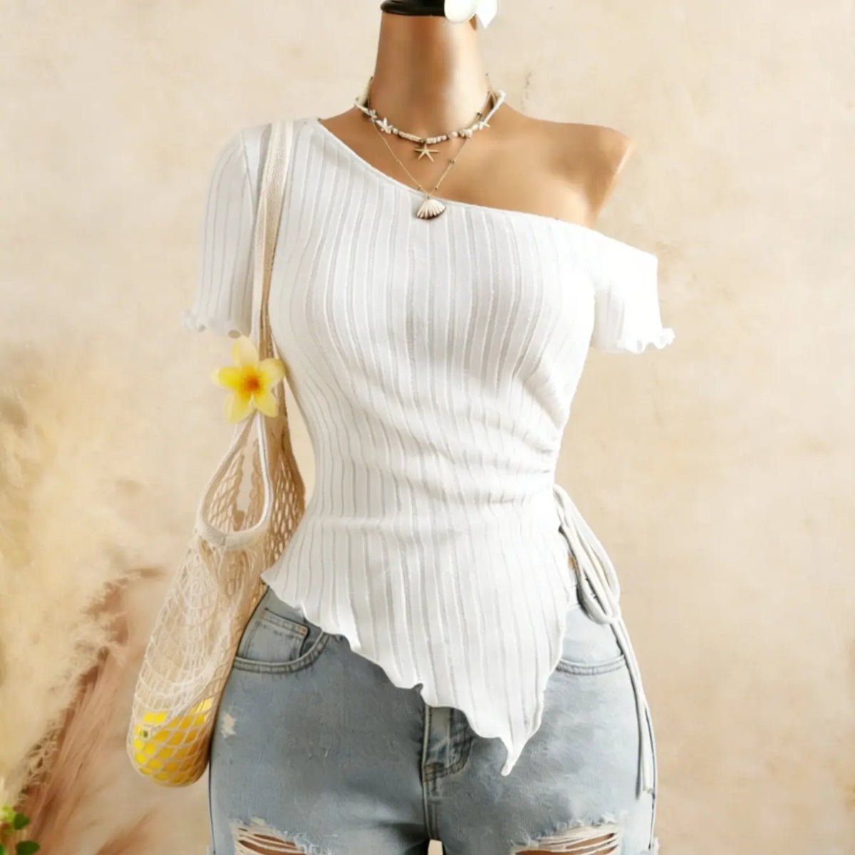 Fashion Asymmetrical Shoulder Top for Women, Womenswear Knitted Ribbed Hem Short Sleeve T-Shirt with Adjustable Side Tie, Stylish Casual Wear, Lady