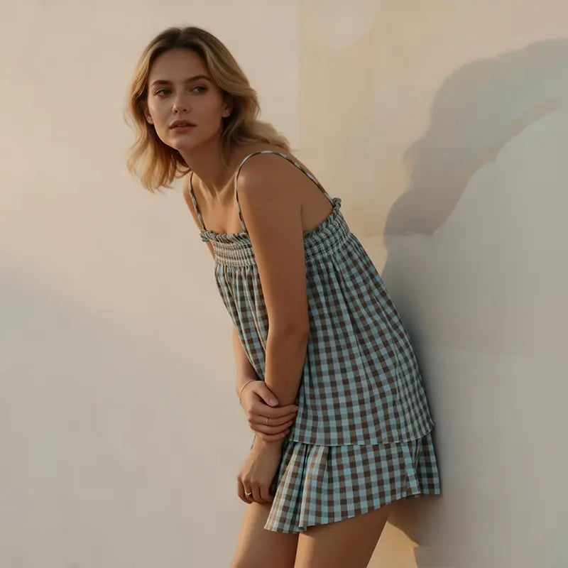 Women's 2 Piece Lounge Outfits Sleeveless Plaid Cami Tank Tops Wide Leg Shorts Sets
