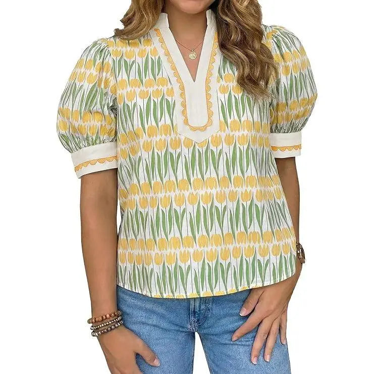 TANKANEO Women's Elegant Chic V-Neck Puff Sleeve Polyester Blouse - Dressy Tops for Coffee, Party, Summer, Loose Fit with Floral or Leopard Prints, Blouses for Women