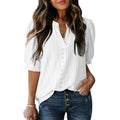 Dokotoo Women's Summer Business Casual Blouses V Neck Short Sleeve Shirts Hollow Out Cute Lace Tops Loose Fit Breathable Fabric