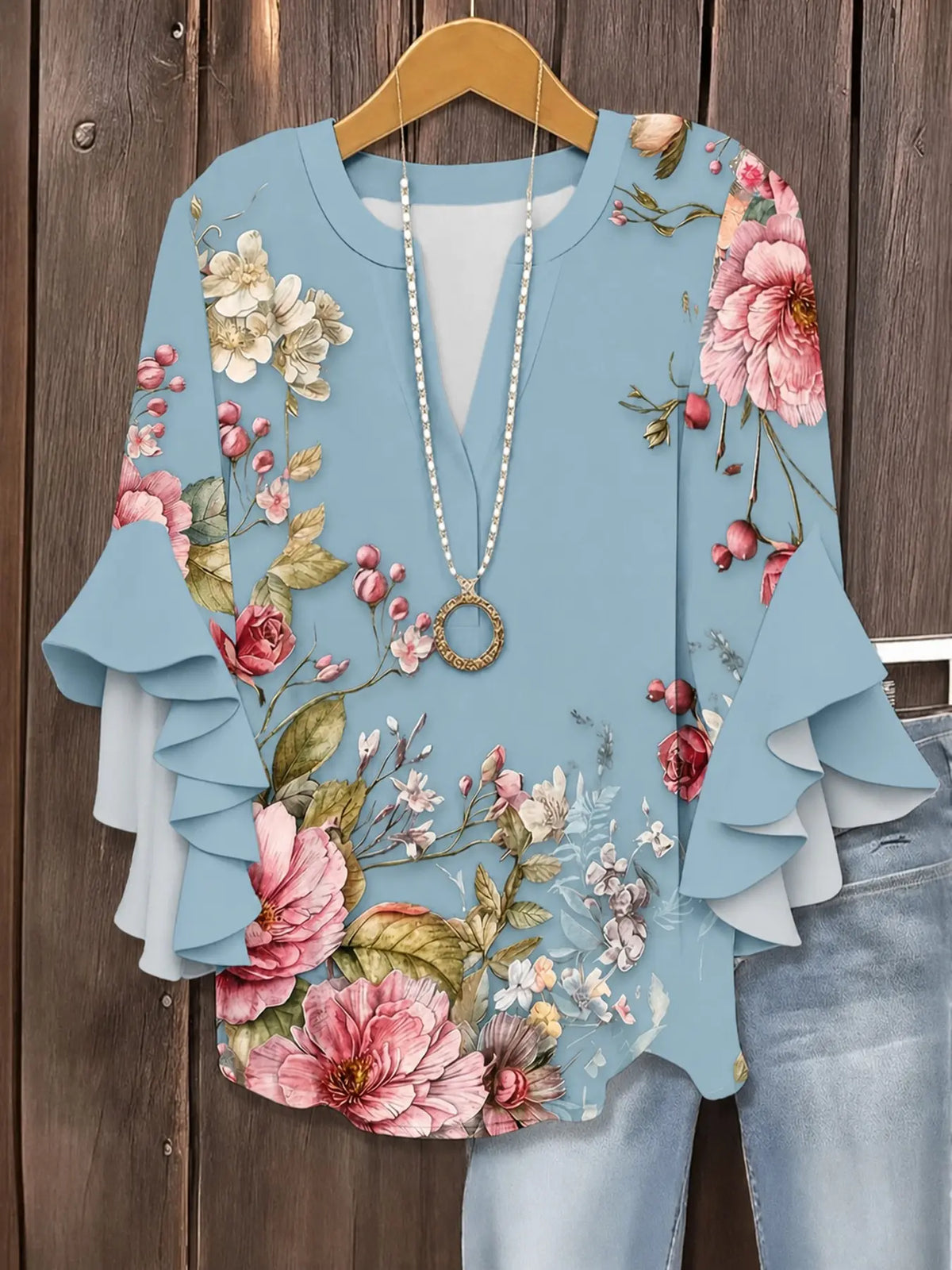 Plus Size Floral Print Flounce Sleeve Ruffles Blouse, Casual Loose-Fit Notched-Neck Top, Summer Wear, Trendy Bohemian Shirts, Comfortable Relaxed-Fit Blouse, Stylish Elegant Top for Parties, Boho Fashion Top