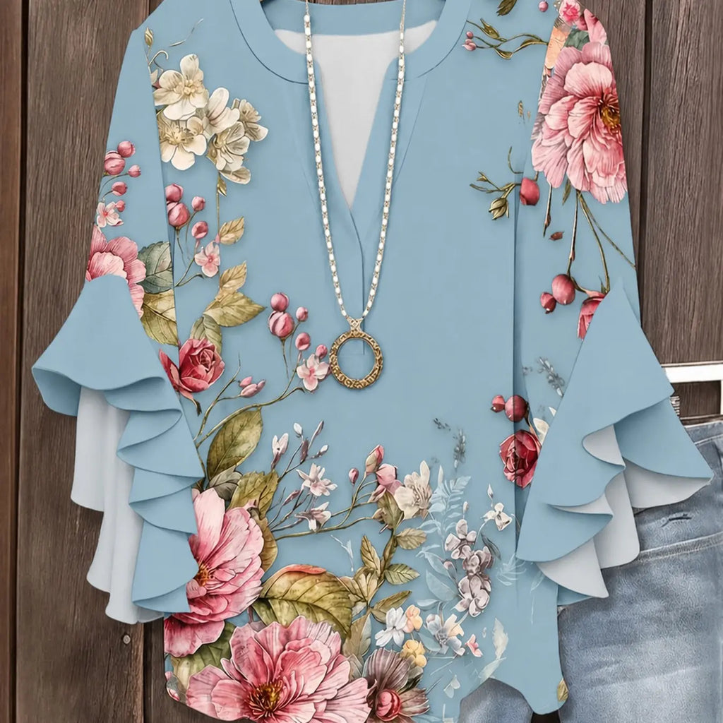 Plus Size Floral Print Flounce Sleeve Ruffles Blouse, Casual Loose-Fit Notched-Neck Top, Summer Wear, Trendy Bohemian Shirts, Comfortable Relaxed-Fit Blouse, Stylish Elegant Top for Parties, Boho Fashion Top
