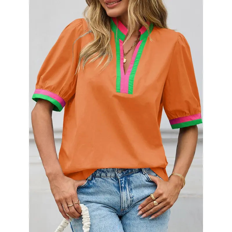 TANKANEO Women's Elegant Chic V-Neck Puff Sleeve Polyester Blouse - Dressy Tops for Coffee, Party, Summer, Loose Fit with Floral or Leopard Prints, Blouses for Women