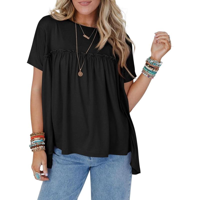 Imily Bela Womens Summer Babydoll Tunic Tops Pleated Short Sleeve Crew Neck Peplum T Shirts Casual Loose Fit Outfits Womenswear Blouse church outfit Breathable Chic