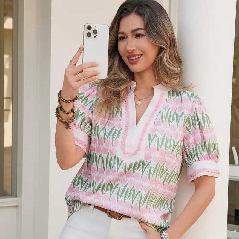 TANKANEO Women's Elegant Chic V-Neck Puff Sleeve Polyester Blouse - Dressy Tops for Coffee, Party, Summer, Loose Fit with Floral or Leopard Prints, Blouses for Women