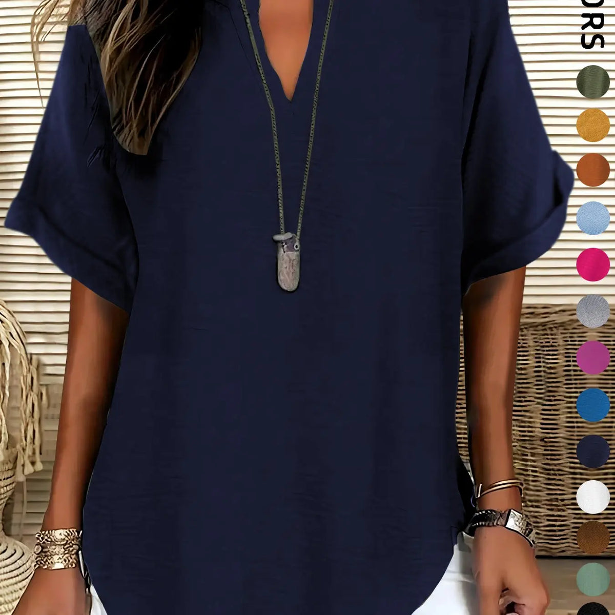 Women's Simple Basic Vintage Elegance Solid V-Neck Short Sleeve Batwing Shirt Blouses, Casual Loose-Fitting Lightweight Pullover, 100% Polyester, All Seasons Fashion Top Minimalist, Casual Daily Tops