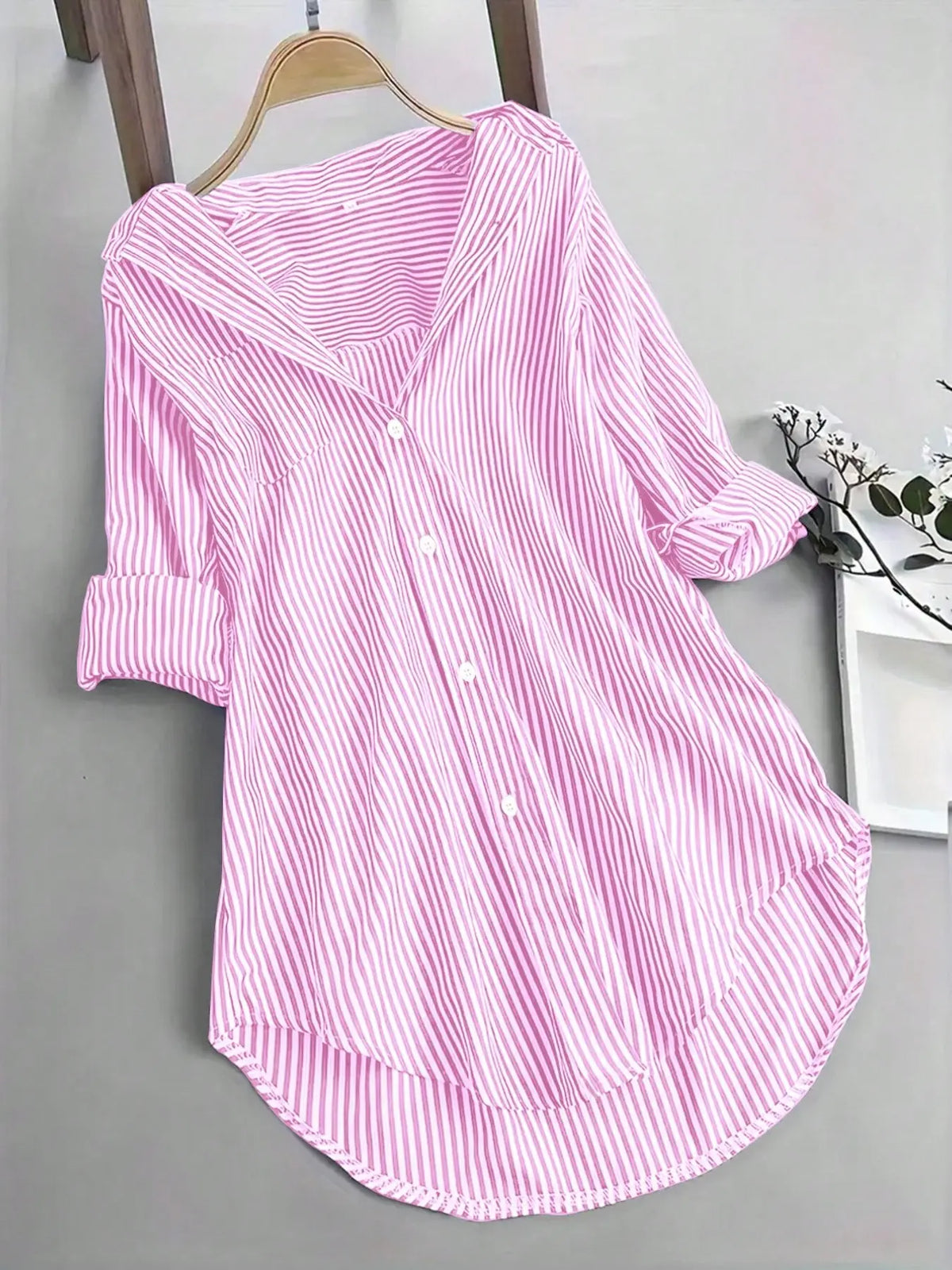 Spring & Summer Women's Striped Long Sleeve Shirt, Casual Versatile Commute Medium-Length Blouse with Buttons, Fashionable Daily Wear Top, Button Front Top