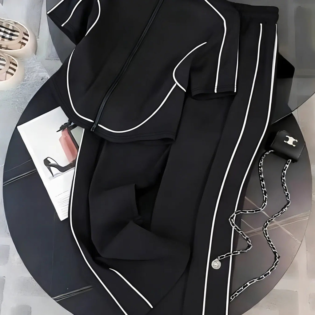 Women's Spring Summer Casual Set Two-Piece Slim Fit Zipper Top & Long Pants, Perfect for Daily Wear, Outdoor, Formal & Casual Suits, Clothing Sets