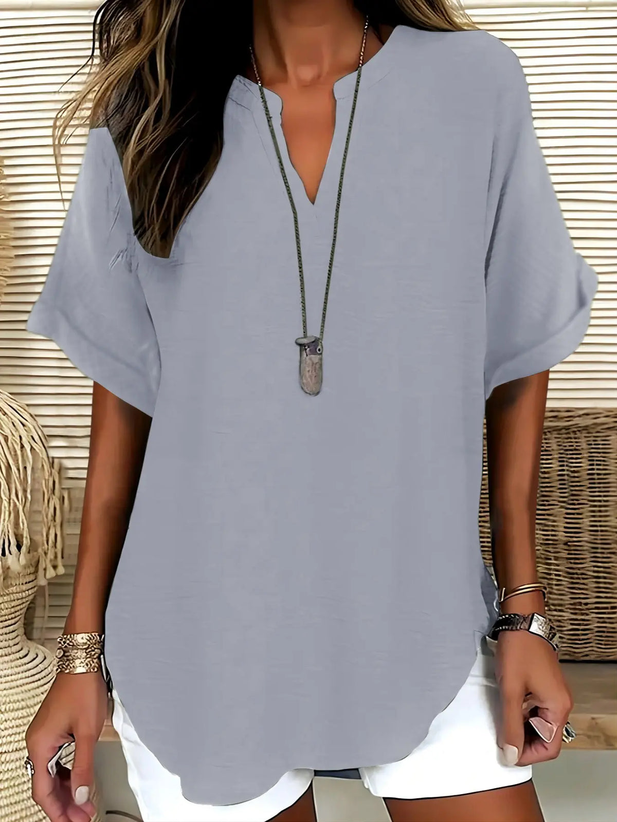 Women's Simple Basic Vintage Elegance Solid V-Neck Short Sleeve Batwing Shirt Blouses, Casual Loose-Fitting Lightweight Pullover, 100% Polyester, All Seasons Fashion Top Minimalist, Casual Daily Tops