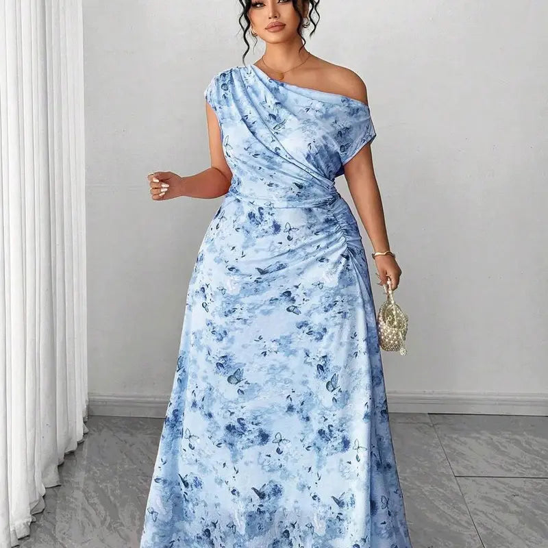 ZENIE Plus Size Elegant Date Night Off Shoulder Cinched Waist Floral A Line Maxi Dress Party Outfit