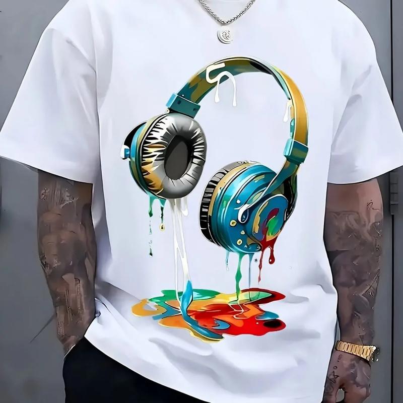 Men'S Streetwear Graphic T-Shirt |   Vibrant Headphones and Paint Splatter Print - Breathable Fabric |   Loose Casual Summer T-Shirt & Machine Washable, Casual Wear