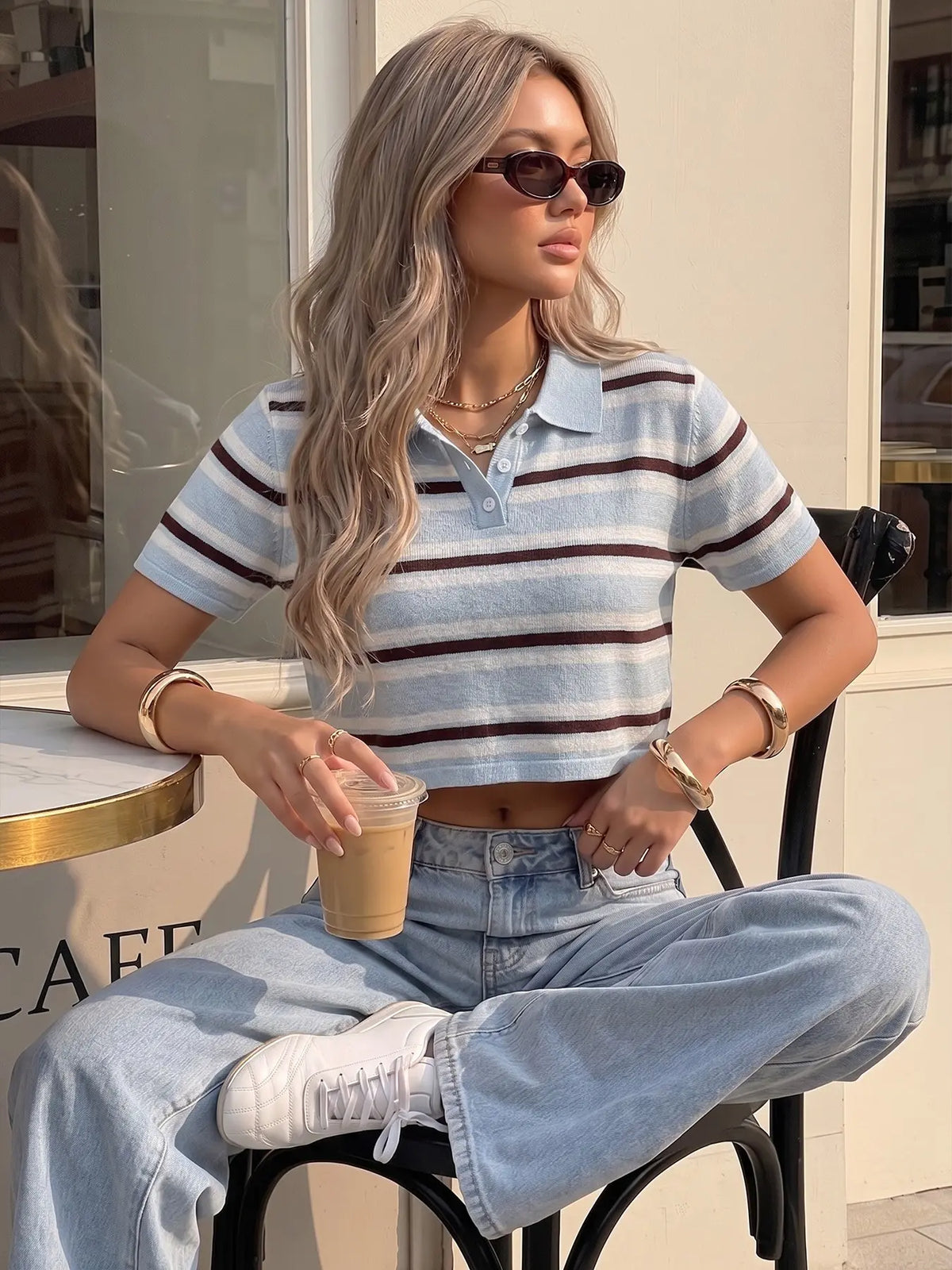 Elegant Women's Spring Summer Fashion Casual Home Office Commute Basic Simple Fitted Knit Striped Collar Button Half Open Short Sleeve Pullover Tops Collared Top