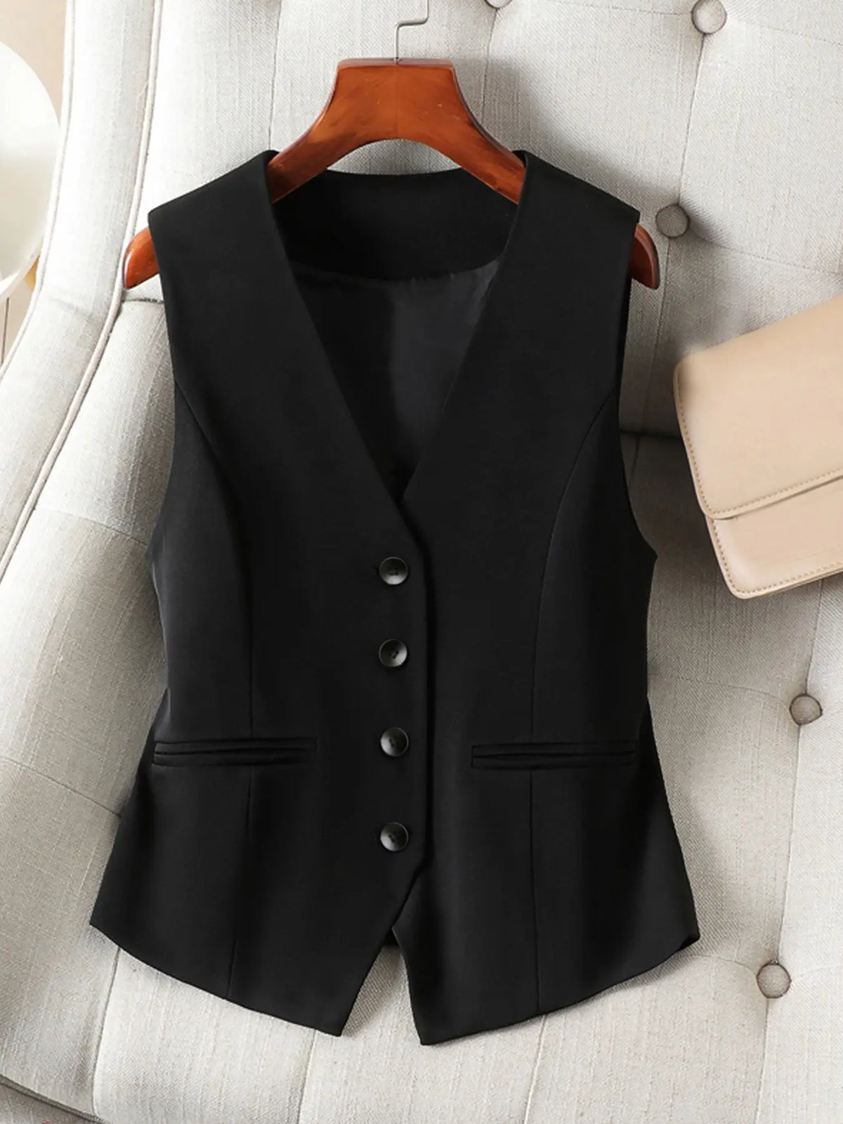 Women's V-Neck Button Gilet, Button Front Vest, Short Elegant Vest for Spring & Fall, Casual Plain Surface Outerwear, Fashionable Slim Fit Top