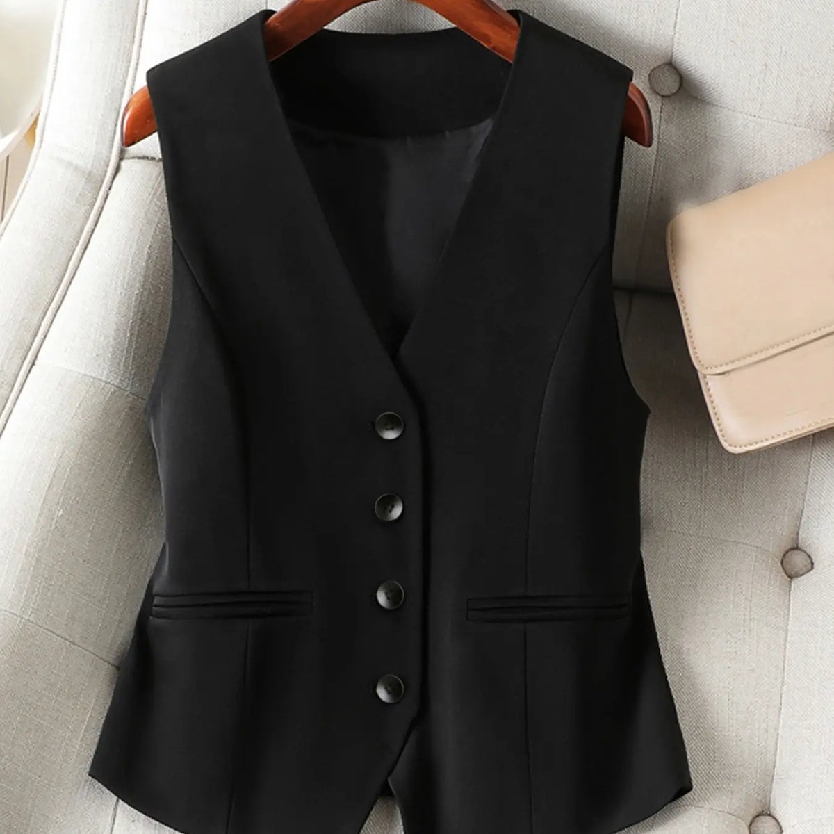 Women's V-Neck Button Gilet, Button Front Vest, Short Elegant Vest for Spring & Fall, Casual Plain Surface Outerwear, Fashionable Slim Fit Top
