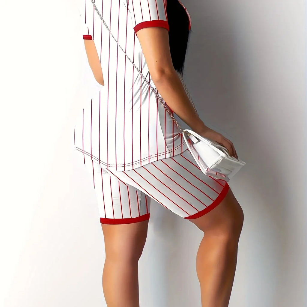 Women's Casual Stripe Print V Neck Two-Piece Set, Baseball Style Fitted Regular Length Tops & Shorts Set, Medium-Weight Fabric, Stretchy Summer Outfit