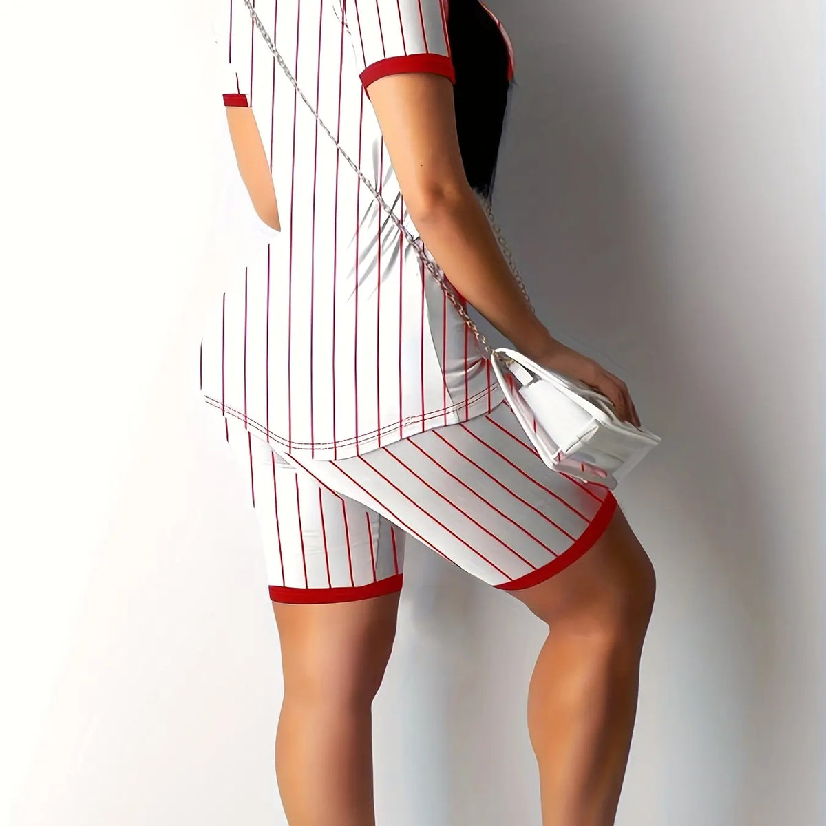 Women's Casual Stripe Print V Neck Two-Piece Set, Baseball Style Fitted Regular Length Tops & Shorts Set, Medium-Weight Fabric, Stretchy Summer Outfit
