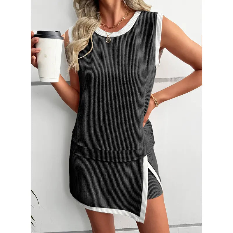 EVALESS Women's 2-Piece Sets Casual Crewneck Ribbed Sleeveless Knit Top & Split Lined Skirt Two Pieces Soft Matching Set Basic Summer Outfits 2026 WOmenswear SummerVibes  Deals For You Days summer outfits High Waisted Style Clothes Elastic Athletic Suits